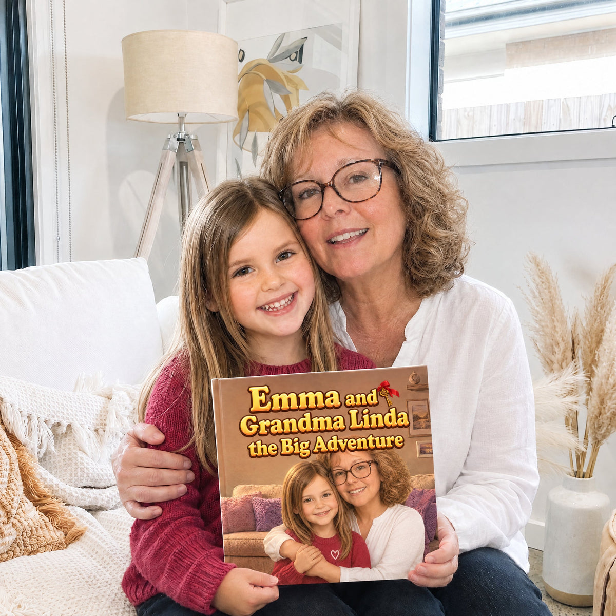 A grandmother and her granddaughter holding their personalized book