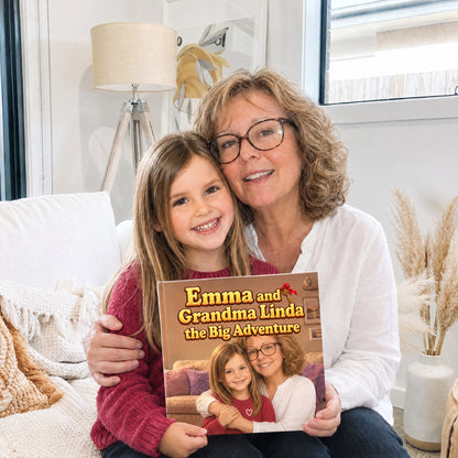 A grandmother and her granddaughter holding their personalized book